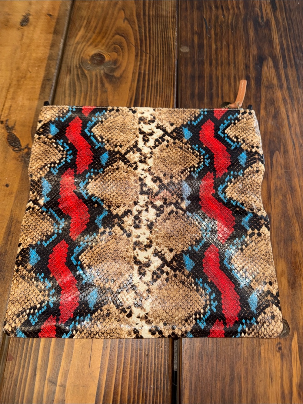 Clare V Snake-Print Foldover Clutch Wallet in Red, Blue and Tan. Like new. - Picture 3 of 6